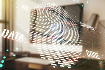Multi exposure of creative fingerprint hologram on laptop background, personal biometric data concept