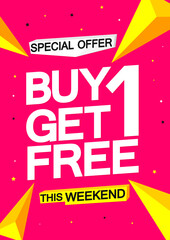 Fototapeta na wymiar Buy 1 Get 1 Free, Sale poster design template, special offer, great deal, vector illustration