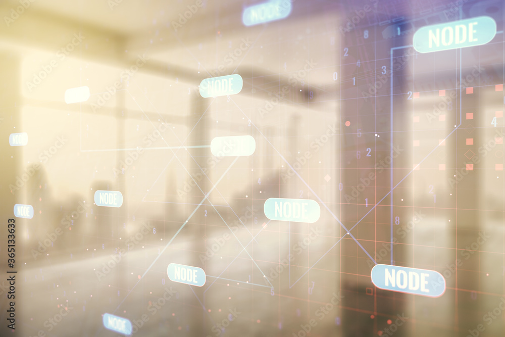 Poster multi exposure of abstract graphic coding sketch on modern interior background, big data and network