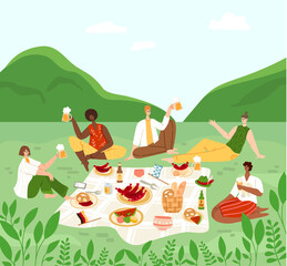 Oktoberfest or beer festival event, group of people having a picnic in rural area, men and women chatting, drinking beer, celebrating and eating sausages and pretzels - vector flat characters isolated