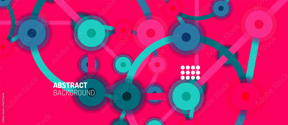 Poster flat style geometric abstract background, round dots or circle connections on color background. tech