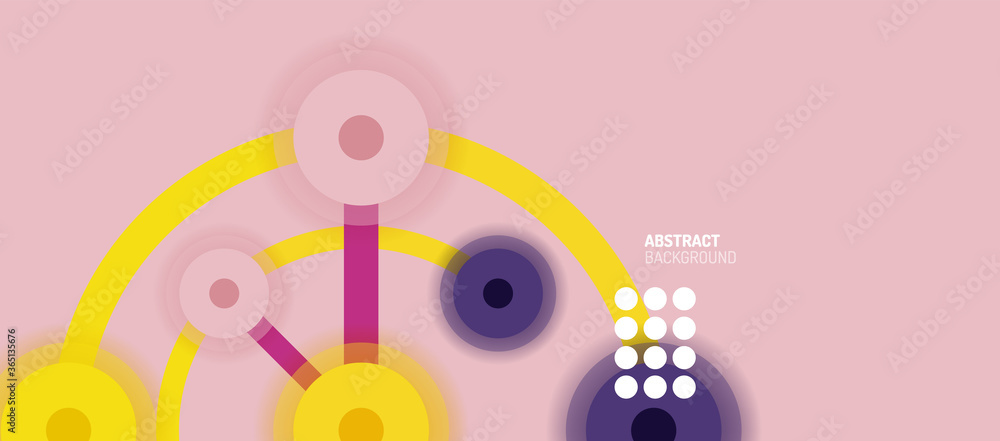 Poster flat style geometric abstract background, round dots or circle connections on color background. tech