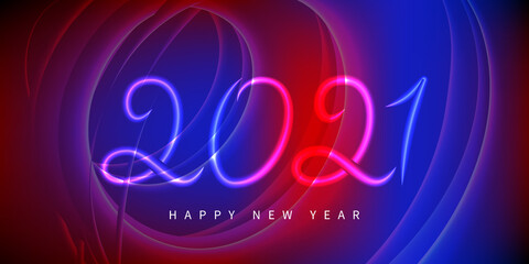 2021. Happy new year on red blue gradient background with lines helix. Vector illustration.