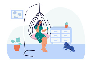 A young woman is sitting in a suspended cocoon chair. The concept of daily life, everyday leisure and work activities. Flat cartoon vector illustration.