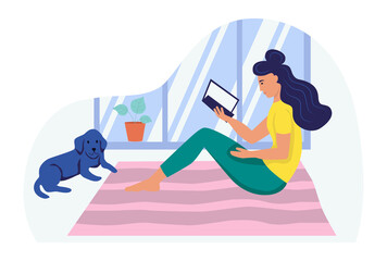 A young woman is sitting on the floor reading a book. The concept of daily life, everyday leisure and work activities. Flat cartoon vector illustration.