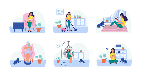 Fototapeta premium A woman reads, watches TV, vacuums, makes a cosmetic mask, drinks coffee, sits with a mobile phone. Set. The concept of daily life, everyday leisure and work activities. Flat vector illustration.