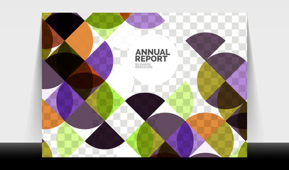 Horizontal A4 business flyer annual report template, circles and triangle style shapes modern geometric design for brochure layout, magazine or booklet