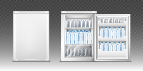 Small refrigerator with open and closed door. Vector realistic mockup of mini fridge for kitchen or restaurant full of plastic bottles with water and aluminum cans. White cooler for drinks