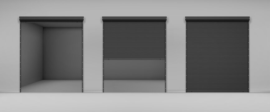 Gate with black rolling shutter in gray wall. Vector realistic illustration of hallway in garage or warehouse with closed and open roller up blinds. Building facade with automatic doors
