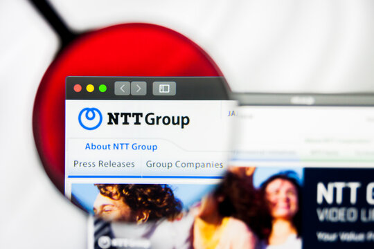 New York, New York State, USA - 21 May 2019: Illustrative Editorial of japanese company NTT Corporation website homepage. NTT Corporation logo visible on display screen.