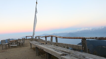 mountains bench payers flag nepal sunrise