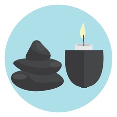burning candle in holder and stones