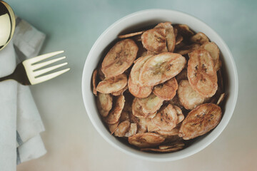 Banana chips mix with honey sweet. Dried food snack Thai style
