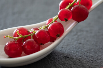 Redcurrant Red Currant, Ribes Rubrum berries closeup on white spoon
