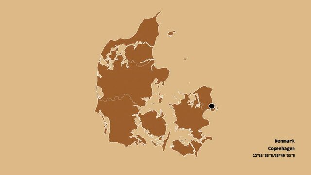 Sj&aelig;lland, region of Denmark, with its capital, localized, outlined and zoomed with informative overlays on a solid patterned map in the Stereographic projection. Animation 3D