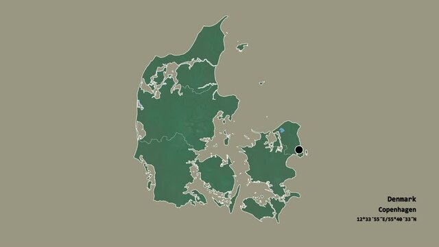 Sj&aelig;lland, region of Denmark, with its capital, localized, outlined and zoomed with informative overlays on a relief map in the Stereographic projection. Animation 3D