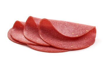 Salami smoked sausage slices, isolated on white background