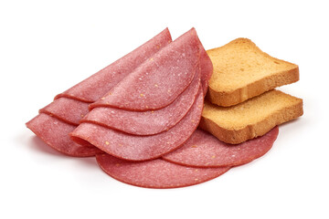 Salami sausage slices, isolated on white background