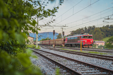Naklejka premium Train carrying newly produced cars. Freight train with loaded automobiles bringing them from port to central europe in early morning.