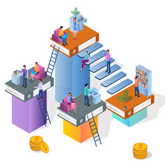 People are engaged in office work.Concept of joint activity.People interacting with each other.An isometric illustration of teamwork.Vector illustration.