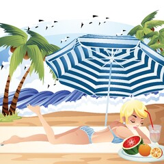 woman relaxing under the beach umbrella