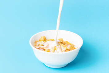 In a plate with cereal pour milk on blue background, a copy of the space
