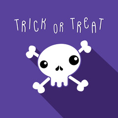 Human white skull and crossbones isolated on a purple background. Decorative lettering "Trick or Treat". Halloween greeting card. Cartoon illustration for posters, cards, invitations, stickers, logo.