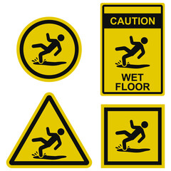 Wet floor - warning sign isolated on white background. Set of vector illustrations in different form. Caution symbol warns of possible injury due to a fall on slippery floor. Used during wet cleaning.