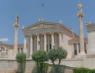 Fototapeta na wymiar Athens, Greece - The National Academy Classical Building's white marble facade