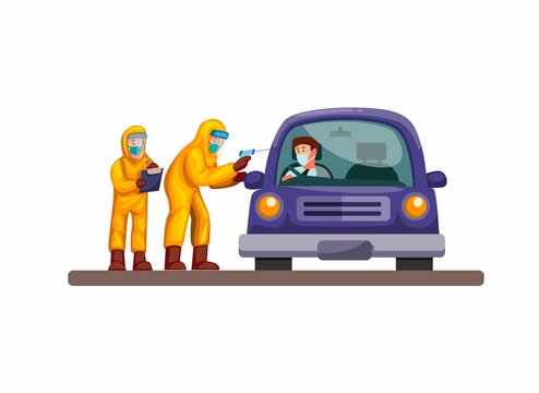 Drive Thru Rapid Test, Doctor And Scientist Wear Hazmat Suit Check Driver Car From Corona Virus Infection. Concept In Cartoon Illustration Vector On White Background