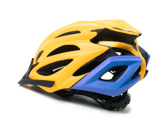 Fototapeta premium Yellow and blue bicycle helmet isolated on white