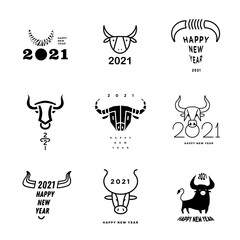 Big collection of 2021 Happy New Year signs. Set of 2021 Happy New Year symbols. Greeting card artwork, brochure template. Vector illustration with black holiday labels isolated on white background.
