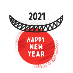 Bull horns with the text Happy new year 2021. Ox 2021. Concept design. The Year Of The White Metal Bull. Black and red.