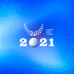 Greetings card blue color with snow, horn of bull and 2021 numbers. Vector. Best New Year 2021 logo text design. Vector modern minimalistic text with numbers. Bull horns with the text Happy new year.