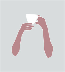 Hands holding a coffee tea cup vector, white mug in woman hands abstract illustration