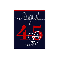 Calendar sheet, vector illustration on the theme of Tu B'Av on August 4-5. Decorated with a handwritten inscription AUGUST and outline symbol.