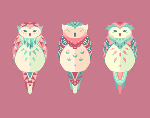 Pastel color theme owls with tribal pattern design