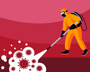 COVID-19 Coronavirus disinfect. Disinfecting workers wear protective masks and spacesuits against pandemic coronavirus or covid-19 sprays. Cartoon style vector illustration isolated background.