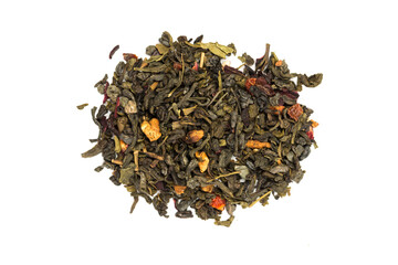  Leaves of Chinese Dry Tea Top Grade with Goji Berries and Powdered Acai on White Background