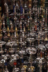 Close up of Middle Eastern Shishas or Hukkas- a traditional smoking instrument, selling in the street market.
