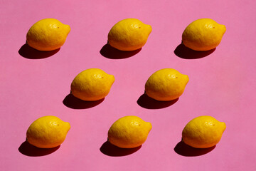 Lemon isolated on pink background. Still life photography. Fruit pattern.