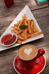 coffe latte cup on a wood table.