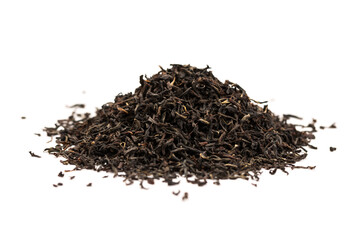 Leaves of black premium dry tea on a white background