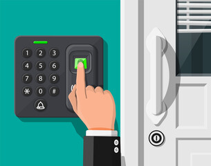 Password and fingerprint security device at office or home door. Access control machine or time the attendance. Proximity card reader. Vector illustration in flat style