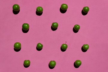 Green plum isolated on pink background. Still life photography.	