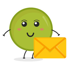 Cute flat cartoon green peas holding an envelope illustration. Vector illustration of cute peas with a smiling expression. 