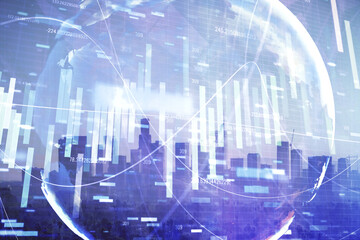 Double exposure of business theme hologram drawing and city veiw background. Concept of success.