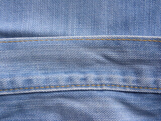 Bound seam of waist band of light blue color jeans