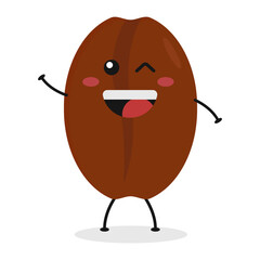 Cute flat cartoon coffee bean illustration. Vector illustration of coffee bean with a smiling expression.