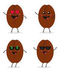 Cute flat cartoon coffee bean illustration. Vector illustration of coffee bean with a smiling expression.